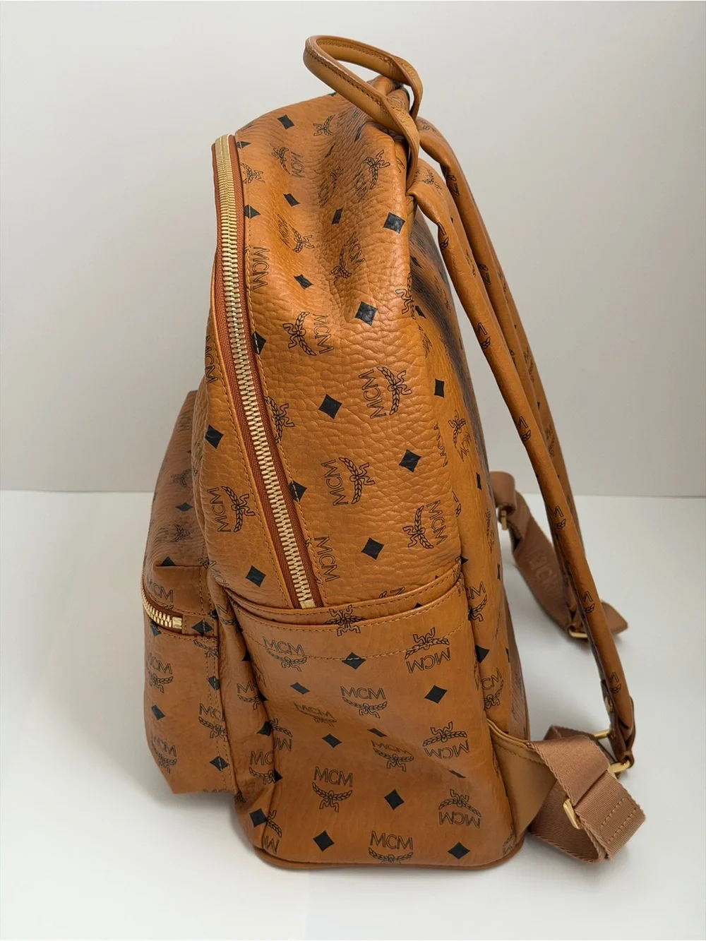MCM 100% Authentic Stark Side Studs Backpack In Visetos Size Medium Cognac Color